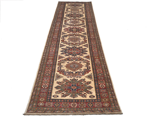 12 Feet Beige Kazak Afghan Hand Knotted Wool Runner Rug